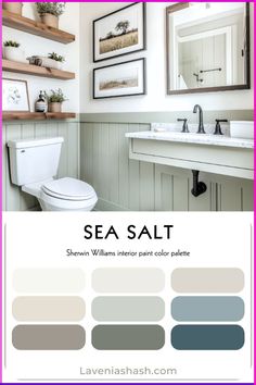 Introducing the enchanting \ Sea Salt Farmhouse Bathroom, Color Palette For Bathroom Master Baths, Blue Colors For Bathroom, Popular Color Schemes Interior Design, Home Color Palettes Interior, Sea Salt In Bathroom, Main Bathroom Ideas Color Palettes, Deep Teal Bathroom Ideas, Peaceful Bathroom Colors