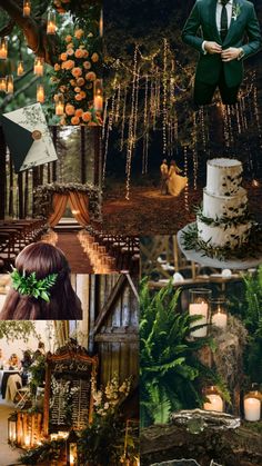 a collage of photos with candles, flowers and greenery in the foreground