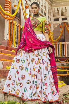 Navratri Special Fascinating White Color Digital Printed Lehenga In Co Mirror Hand Work, Lehenga White, Garba Chaniya Choli, Navaratri Chaniya Choli, Chania Choli, White Lehenga Choli, Chaniya Choli Designs, Navratri Garba, White Lehenga