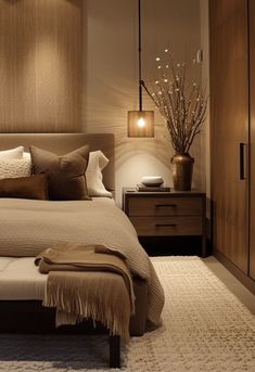 a bedroom with a bed, nightstands and lamps