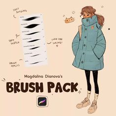 a girl in a blue coat is looking at the brush pack on her back side