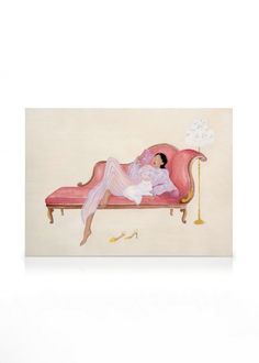 a painting of a woman laying on a pink couch