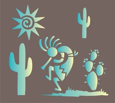 the silhouettes of animals and cactuses are depicted in this graphic art style illustration