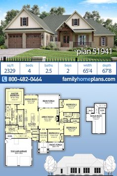 two story house plan with 3 car garage and attached porches on the first floor