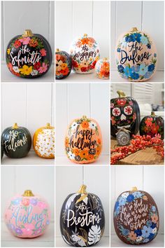 there are many different painted pumpkins on the table together in this photo collage