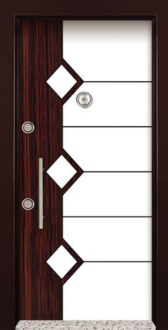 a wooden door with glass and metal handles