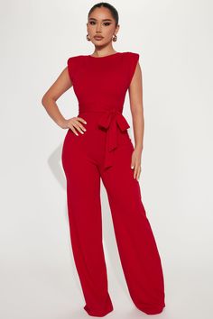 Available In Black And Red. Jumpsuit Sleeveless Shoulder Pads Functional Back Zipper Adjustable Tie Waist Wide Leg Pant Stretch 95% Polyester 5% Spandex Imported | On Point Jumpsuit in Red size XS by Fashion Nova Business Casual Graduation Outfit, Red Jumpsuit Outfit Classy, Fitted Jumpsuit Outfit, Anniversary Outfits For Women, Grad Outfit Ideas, Red Jumpsuit Outfit, Red Jumpsuits Outfit, Extra Fits, Seussical Jr