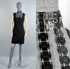 Features: - 100% Authentic PACO RABANNE. - Iconic Paco Rabanne black dress. - Metallic black logo square metal chainmail harness neckline. - Engraved PACO RABANNE on all the metal square discs. - Fold over clasp neckline closure and zipper closure at the back. - Label reads PACO RABANNE PARIS. - Missing size and fabric composition label. - Excellent vintage condition. Measurements taken laid flat, please double bust, waist and hips: Shoulder: 13.18 inches (33.5 cm) Bust: 17.12 inches (43.5 cm) W Harness Dress, Fashion Forever, Chain Mail, Paco Rabanne, Black Logo, 50's Dress, Blouse Styles, Fashion History, Dress Clothes For Women