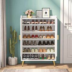 a white shelf filled with lots of shoes next to a cactus