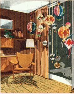 a drawing of a living room with ornaments hanging from the ceiling and on the wall