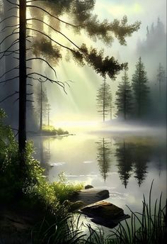 the sun shines through the foggy trees and water in this misty forest scene