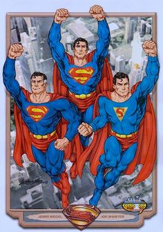 two supermans are standing in the air with their arms up and one is wearing a red cape