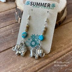 Silver Blue Jewelry, Gold Elephant Pendant, Hippie Accessories, Diy Bracelets Tutorials, Elephant Earrings, Gold Elephant, Jewelry Beach, Puka Shell, Earrings Turquoise