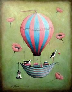 a painting of a hot air balloon with birds on it