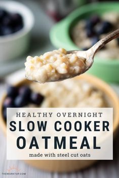 a spoon full of oatmeal with the words healthy overnight slow cooker oatmeal