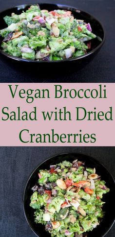 broccoli salad with dried cranberries in a black bowl on a table