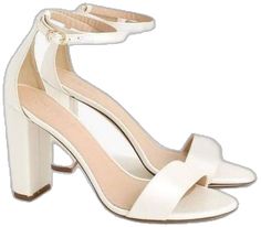 Formal White Low Heel Sandals, Classic Closed Toe Wedding Sandals, Formal White Almond Toe Sandals, Classic Wedding Heels With Heel Strap, Classic Wedding Heels With Padded Heel, White Almond Toe Block Heels For Formal Occasions, Formal Cream Block Heels With Padded Heel, Classic Ankle Strap Sandals For Wedding, Elegant Beige Wedding Sandals