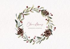 watercolor christmas wreath with pine cones and berries