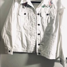 Exquisite White Embroidered Jacket. Pristine Condition With Embroidered Details O Pockets And Back. It Has Two Front Upper Pockets And Two In The Bottom. Includes Metal Buttons The Jacket Is New Without Tags But It’s In Excellent Condition. Measurements Approximately: Length Laying Flat: 23” Sleeves: 24” Armpit To Armpit 21” Smoke Free Home Posh Ambassador Top Seller 0214 Floral Embroidered Cotton Button-up Outerwear, White Cotton Outerwear With Floral Print, White Embroidered Spring Outerwear, Spring Embroidered White Outerwear, Spring White Embroidered Outerwear, White Embroidered Outerwear For Spring, White Floral Embroidered Outerwear For Fall, White Floral Embroidery Outerwear For Fall, Spring Embroidered Collared Outerwear