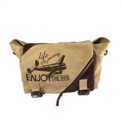 Eco-Friendly Enjoy The Ride Messenger Bag Canvas Messenger Bag Clea Ray Canvas Bags Enjoy The Ride, Canvas Messenger Bag, Life Is A Journey, Brown Beige, Canvas Bag, Messenger Bag, Genuine Leather, Canvas, Leather