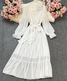 Chiffon Long Sleeve Dress, A Line Short Dress, Dresses Korean Style, 2021 Prom Dresses, Long Sleeve Chiffon Dress, Short Dress Styles, Dress Tops, Fashion Tops Blouse, Womenswear Fashion