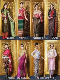 Thai traditional costume of 4 regions: North, Central, Isan (Northeastern-Thailand), and Southern Thailand. Thailand Traditional, Traditional Thai Clothing, Thai Costume, Traditional Hairstyle, Dress In, Thai Traditional Dress, Country Dresses, Thai Dress, Fantasy Photography