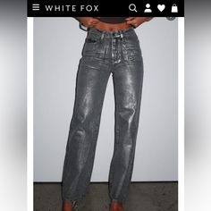 Size Small Fits Like A Size 25, Metallic Silvery Jeans. Super Cute Just Too Big On Me And Couldn’t Return. Never Been Worn/Tags Still On. Casual Jeans For Night Out, Chic Gray Jeans For Spring, Chic Gray Denim Jeans, Low Rise Straight Jeans, Metallic Denim, Metallic Jeans, New Years Outfit, White Fox Boutique, White Fox