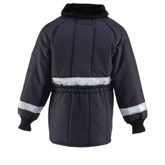 The Enhanced Visibility Siberian Jackoat is a fingertip length jacket with 2 inch 3M Scotchlite Reflective Tape around the chest, back and forearms to help keep you safe and more visible in low-light conditions. Comfort rated to -50°F, the jacket is perferct for cold-environment work or play. Flaps cover all the insulated, oversized pockets to protect contents while giving you a place to warm your hands. Navy Windproof Functional Outerwear, Insulated Long Sleeve Parka For Cold Weather, Insulated Long-sleeved Outerwear For Outdoor Activities, Insulated Parka For Cold Weather, Insulated Long Sleeve Outerwear For Outdoor Activities, Insulated Outerwear For Outdoor Activities, Navy Windproof Long Sleeve Outerwear, Black Winter Outerwear For Protection, Black Winter Outerwear For Weather Protection