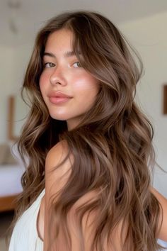 Woman with wavy, chestnut brown hair, wearing a white top, gazing at the camera in a softly lit room. Balayage For Tanned Skin, Dark Chestnut Blonde Hair, Warm Brown Hair With Red Undertone, Plain Brown Hair Color, Highlights On Auburn Brown Hair, Brown Hair With No Red Tones, Coppery Gold Hair, Brunette Hair Color Inspiration, Solid Brunette Hair Color Dark Brown