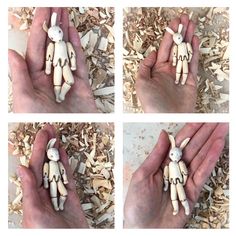 four different pictures of a hand holding a wooden doll