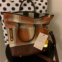 R. Riveter Plaid/Leather Otto Tote, Nwt. Fall Bags With Brass Hardware, Everyday Bags With Brass Hardware For Fall, Fall Brown Coated Canvas Shoulder Bag, Designer Shoulder Bag With Leather Trim For Fall, Brown Coated Canvas Shoulder Bag With Brass Hardware, Plaid And Leather, Cell Phone Holster, Phone Holster, Wallet Shop