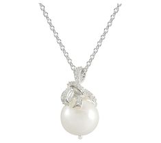 Bring understated elegance to your look when you wear this shimmering cultured freshwater pearl pendant necklace featuring sparkling Diamonique simulated diamond accents. Elegant Cubic Zirconia Necklace With Pearl Drop, Elegant Pearl Drop Necklace With Cubic Zirconia, Elegant Pearl Necklace With Pearl Charm, Chic Silver Pearl Necklace With Pendant, Glamorous Silver Pearl Necklace For Formal Occasions, Chic Formal Pearl Necklace With Pendant, Elegant Evening Pendant Necklace, Elegant Diamond Necklace With Pearl Drop, Elegant Pearl Necklace With Cubic Zirconia For Party