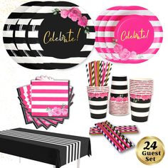 pink and black party supplies including plates, napkins, tablecloths and cups