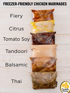 five different types of frozen chicken marinades on top of each other