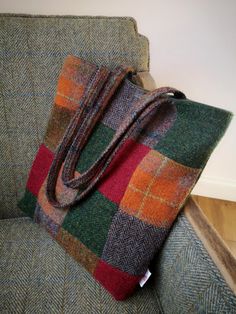 Beautifully handcrafted Harris Tweed bag with Tweed strap measuring 22 inches.  Perfect over the shoulder.    Fully lined with luxurious dark green velvet.  Measures approximately 14 x 14.5 inches.  Harris Tweed Orb label has been sewn on the side of the bag. Harris Tweed Bag, Dark Green Velvet, Tweed Bag, Harris Tweed, Style Expert, Green Velvet, Fabric Patterns, Dark Green, Sewing Projects