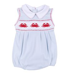 Introduce your little one to summer style with our Crab Classics Smocked Sleeveless Bubble. Made with soft pima cotton, this adorable bubble features a collar and hand smocked crabs. It's the perfect outfit for any beach day or family outing. Summer Cotton Smocked Bubble Romper, Summer Cotton Smock Bubble Romper, Summer Cotton Bubble Romper With Smocked Bodice, Lovey Doll, Magnolia Baby, Baby Lovey, Hand Smock, Family Outing, Baby Boutique