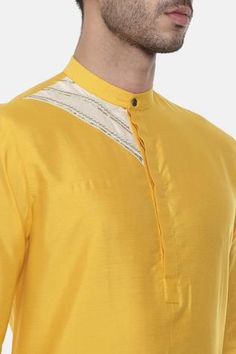 Shop for Mayank Modi - Men Yellow Colorblock Kurta Set for Men Online at Aza Fashions Yellow Kurta Design For Men, Yellow Kurta Ideas Men, Kurtas For Men Style Indian Yellow, Semi-stitched Yellow Chinon Kurta, Yellow Tie Dye Kurta Men, Plain Yellow, Yellow Kurta, Kurta Set For Men, Rohit Bal