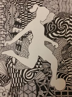 a black and white drawing of a person running in the middle of an abstract pattern