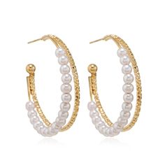 Pearl details along the 18k gold-plated hoop of these earrings gives off elegant appeal. 0.54" diameter 18k gold-plated copper / pearl Pearl Details, Copper Pearl, Accessories Jewelry Earrings, Jewelry Accessories, 18k Gold, Gold Plate, Jewelry Earrings, Hoop Earrings, Copper