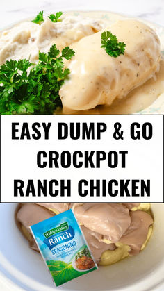 an easy dump and go crockpot ranch chicken recipe on a white plate with parsley