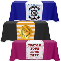 three table covers with different designs on them