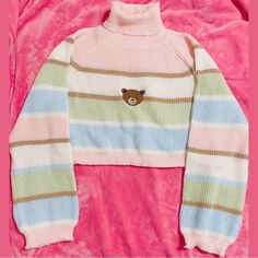 This Is A Pastel Pink, Blue, Green, And Brown Cute Bear Turtle Neck Long Sleeve Sweater Shirt For Women The Size Is Medium It Has Never Been Worn And It’s Brand New With Tags Still Attached. It’s In Great Mint Condition. There Are No Signs Of Wear, No Damages, And No Tears. I Ship Within 1-3 Days Excluding Sundays And Holidays From A Smoke-Free House Cute Striped Long Sleeve Sweater, Cute Striped Fall Tops, Cute Striped Tops For Fall, Pastel Long Sleeve Tops For Winter, Turtleneck Aesthetic, Cashmere Poncho, Ladies Turtleneck Sweaters, Pastel Outfit, Cute Turtles