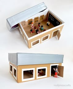 a doll house with people inside and out of the window, on top of a white surface