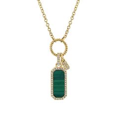 This unique and luxurious charm necklace from Shy Creation features 1.03ct malachite surrounded by 0.13ct round diamonds set in 14 karat yellow gold. Luxury Necklaces With Gemstone Accents, Luxury Unique Round Pendant Jewelry, Luxury Unique Necklaces With Gemstone Accents, Luxury Gemstone Charm Necklace Fine Jewelry, Luxury Diamond Accent Pendant Necklace, Luxury Round Pendant Charm Necklaces, Luxury Designer Round Necklace, Luxury Gemstone Charm Necklace In Fine Jewelry Style, Luxury Diamond Charm Necklace With Round Pendant