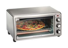 a silver toaster oven with a pizza in it