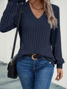 Style:Casual \nType:Pullovers \nNeckline:V neck \nSleeve Type:Regular Sleeve \nDetails:Rib-Knit \nColor:Baby Blue \nPattern Type:Plain \nSleeve Length:Long Sleeve \nLength:Regular \nFit Type:Regular Fit \nFabric:Medium Stretch \nMaterial:Knitted Fabric \nComposition:94% Polyester \nComposition:6% Elastane \nCare Instructions:Machine wash or professional dry clean \nTemperature:Spring/Fall (18-25℃/63-77℉) \nSheer:No \n Dark Blue Outfit, 2023 Clothing, Womens Basic Tops, Shirt Blouses Women's, Women Sweatshirts, Winter Fabric, Long Sleeve Tops Casual, Weekend Style, Blue Outfit