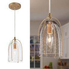 a light that is hanging from a ceiling in a kitchen next to an image of a pendant light