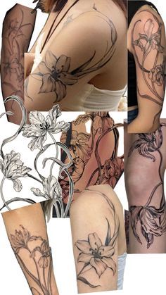 a woman with tattoos on her arms and legs, all showing different flowers in the center