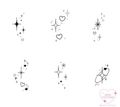 six different tattoos with hearts and stars on the back of each one, all drawn in black ink