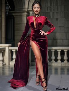 Olivia Mark - Elegant Velvet Turtleneck Evening Gown High Neck Evening Gown, Velvet Turtleneck, Velvet Evening Gown, Velvet Evening Dress, Waist Circumference, Evening Gowns Formal, Wine Red, Evening Gown, Elegant Dresses